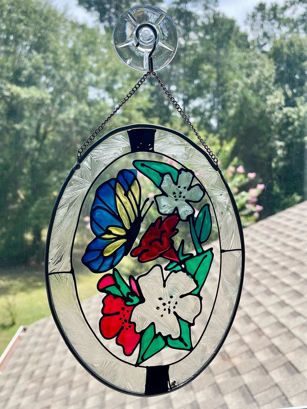 Faux Stained Glass Butterfly Floral Oval Suncatcher Window Hanging 7” x 5.5”